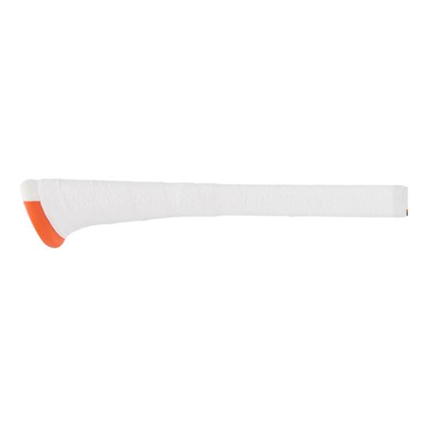 Side view of a white baseball bat with an orange end cap and textured grip.