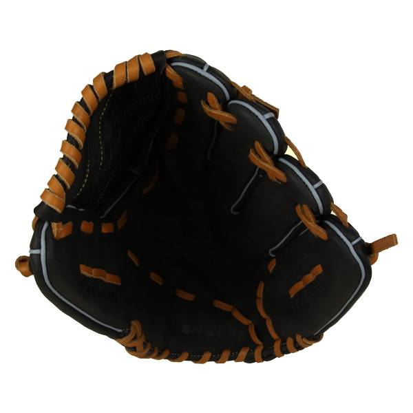 Top-down view of a black baseball glove with tan lacing and white piping.