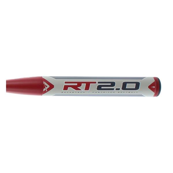 Side view of a red and white fastpitch softball bat with RT 2.0 and ROCKETECH FASTPITCH SOFTBALL text.
