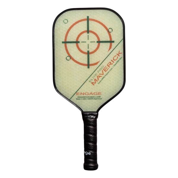 Front view of a cream pickleball paddle with a target design, MAVERICK text, and black grip.