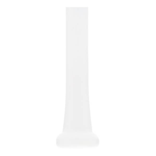 Side view of a white training bat with a flared knob and tapered barrel.