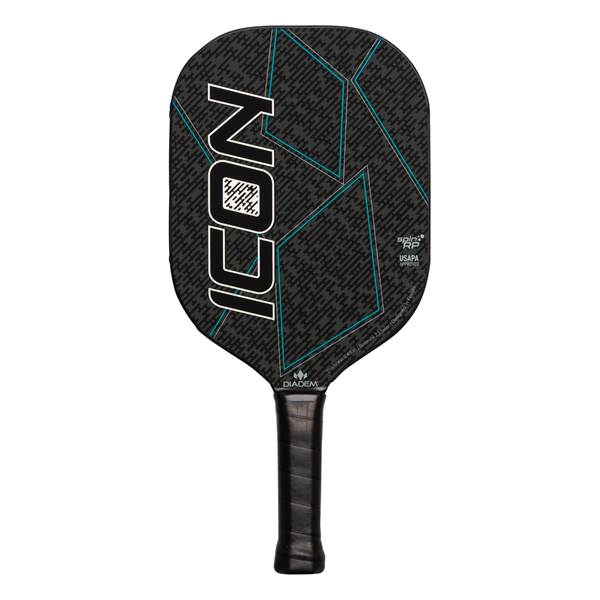 Front view of a black pickleball paddle with large white ICON text and teal geometric accents.