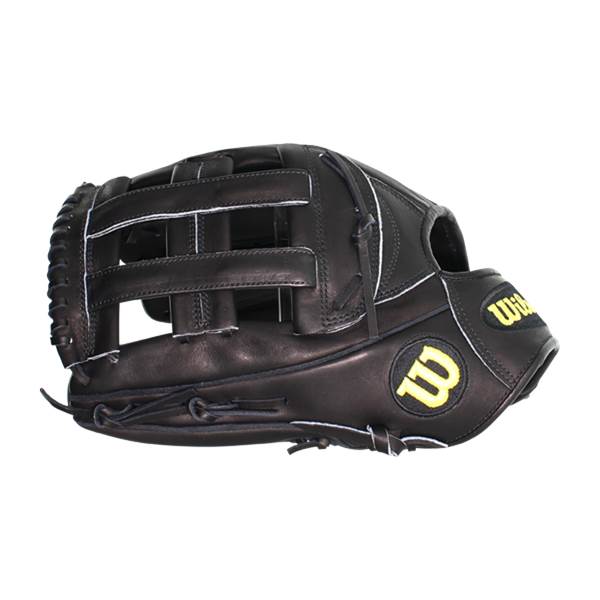 Side view of a black baseball glove with white stitching and yellow Wilson logos.