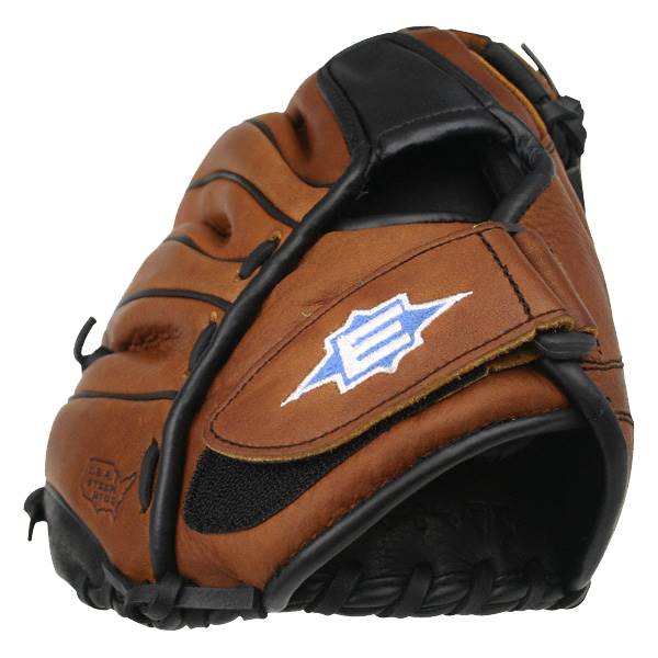 Side view of a brown baseball glove with a blue and white Easton logo and black lacing.