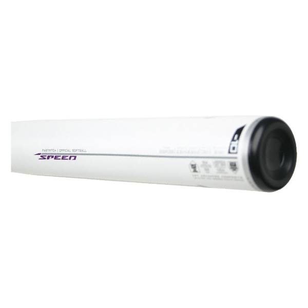 Side view of a white fastpitch softball bat with a black end cap and SPEED branding.