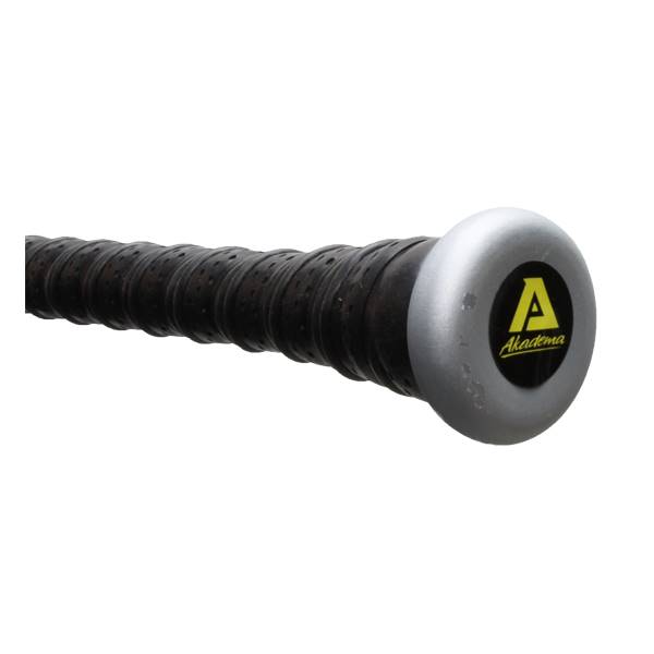 Close-up of a silver baseball bat end cap with a black and yellow Akadema logo and a black perforated grip.