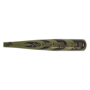 Top-down view of a green baseball bat with black MISSILE II text and POWER BALANCED BARREL details.