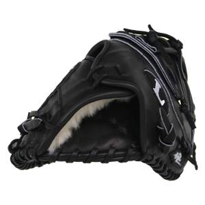 Side view of a black baseball glove with white lining and a silver L logo.