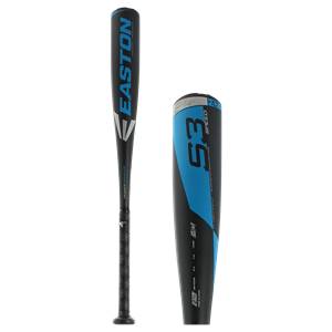 Front view of a black baseball bat with blue Easton branding and a textured grip.