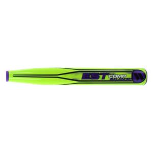 Side view of a neon yellow softball bat with purple accents and EST COMP branding.
