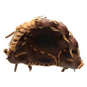 Top-down view of a brown Louisville Slugger baseball glove with tan lacing and AMERICAN CRAFTED text.