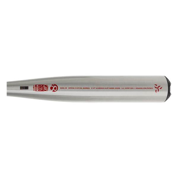 Side view of a silver baseball bat with red text and logos.