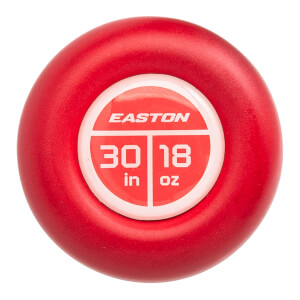 Top-down view of the circular red bat knob featuring a red and white decal with the brand name EASTON and the size measurements 30 in and 18 oz.