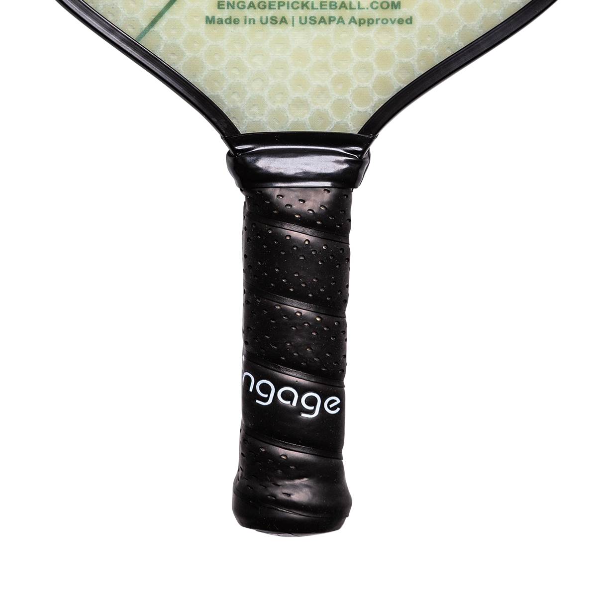 Close-up of a black pickleball paddle grip with perforated texture and ngage logo.
