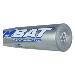 Side view of a silver baseball bat with blue MBAT logo and combatbaseball.com text.