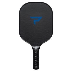 Front view of a black pickleball paddle with a blue P logo and textured surface.