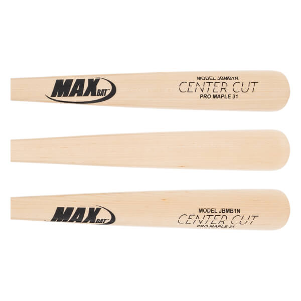 Close-up view of a natural wood baseball bat with MAXBAT logo, CENTER CUT, and PRO MAPLE 31 text.