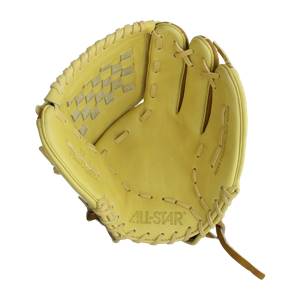Interior view of a tan fastpitch softball glove with a woven pocket and ALL-STAR logo.