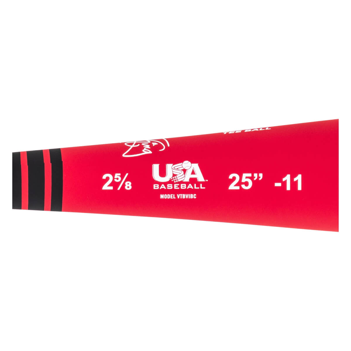 Side view of a red baseball bat with black stripes, USA Baseball logo, and 25\ -11 markings.