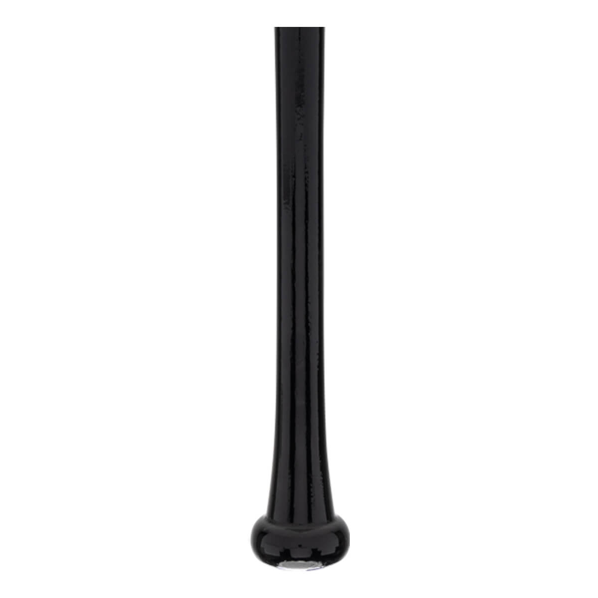 Bottom view of a black baseball bat handle, showing the flared grip and rounded knob.