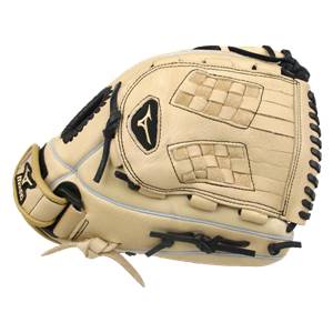 Side view of a tan fastpitch mitt with black lacing and a checkered web pattern.