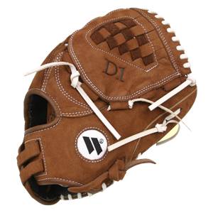 Corner view of a brown baseball glove with white stitching, a checkered web, and D1 branding.
