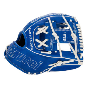 Back view of a blue Marucci baseball glove with white lacing, featuring visible "marucci", "PALM FOLD-OVER", "I WEB", and "NIGHTSHIFT" branding across the leather.