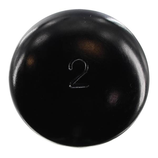 Top-down view of a black baseball bat knob with a white number 2.