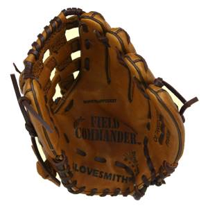 Close-up of a brown baseball glove with FIELD COMMANDER and LOVESMITH branding.