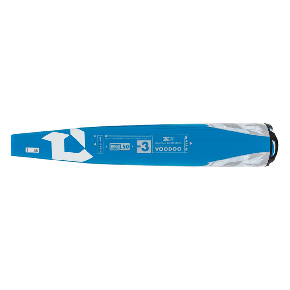 Top-down view of a blue DeMarini Voodoo baseball bat with white branding and a black end cap.