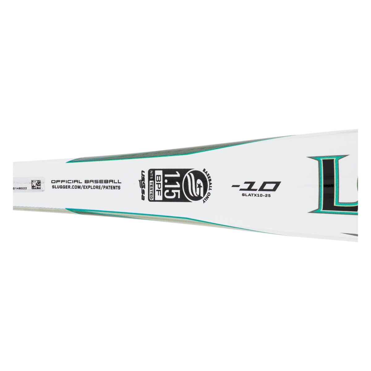 Close-up of a white baseball bat barrel with USSSA 1.15 BPF stamp, -10 drop, and a large L logo.