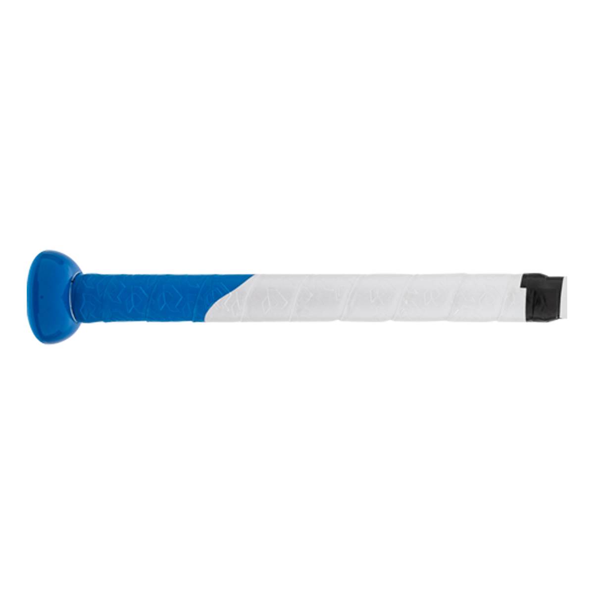 Side view of a baseball bat handle featuring a blue knob and a textured grip that transitions diagonally from blue to white with a finishing band of black tape.