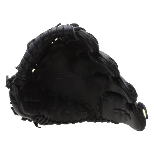 Interior view of a black baseball glove with stitched finger stalls and a webbed palm.