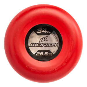 Top-down view of a red softball bat end cap with a central label showing WORTH, 34 IN., and 26.5 OZ..
