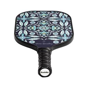 Top-down view of a dark blue pickleball paddle with a floral pattern and Vera Bradley text.