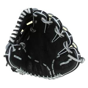 Corner view of a black baseball glove with white lacing and ASD111 visible.