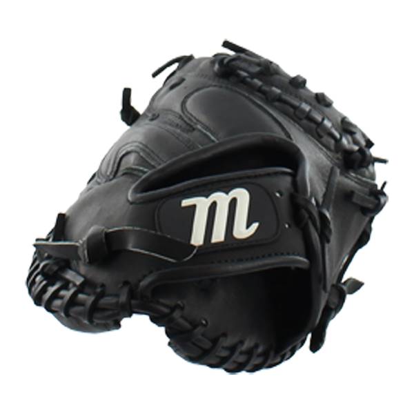 Corner view of a black catchers mitt with a white m logo and visible lacing.