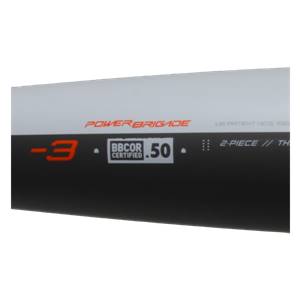 Side view of a black baseball bat with POWERBRIGADE, -3, BBCOR CERTIFIED .50, and 2-PIECE text.
