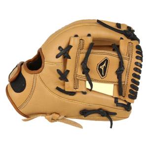 Side view of a tan fastpitch glove with black lacing and a Mizuno logo.