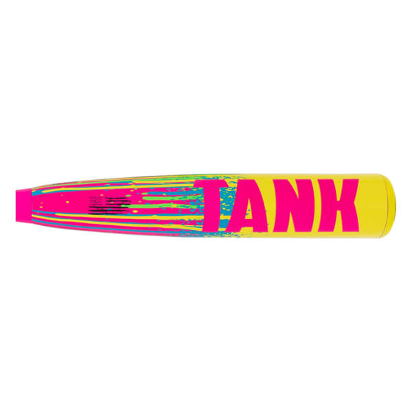 Side view of a yellow baseball bat with large pink TANK text and vibrant pink and blue abstract streaks.