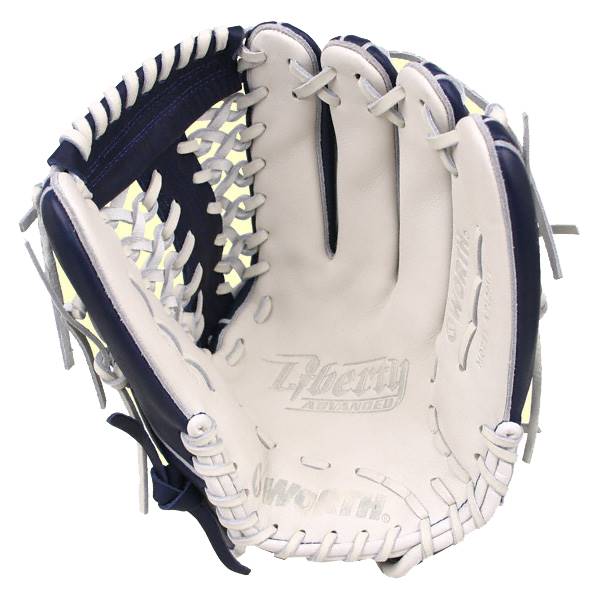 Top-down view of a white and navy baseball glove with Liberty Advanced and Worth branding.