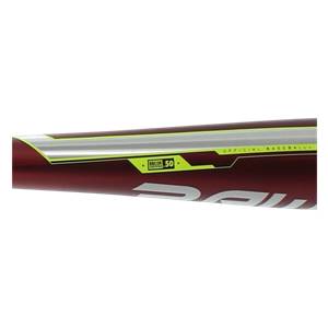 Side view of a maroon baseball bat with yellow and silver accents, BBCOR 50, and OFFICIAL BASEBALL text.