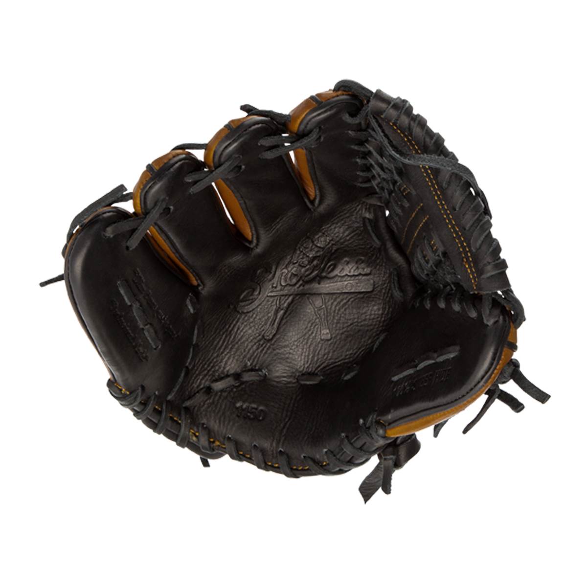 Top-down view of a black baseball glove with brown lining and Shoeless Joe branding.