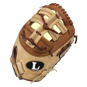 Top-down view of a tan and brown baseball glove with a large L logo and OMAHA text.