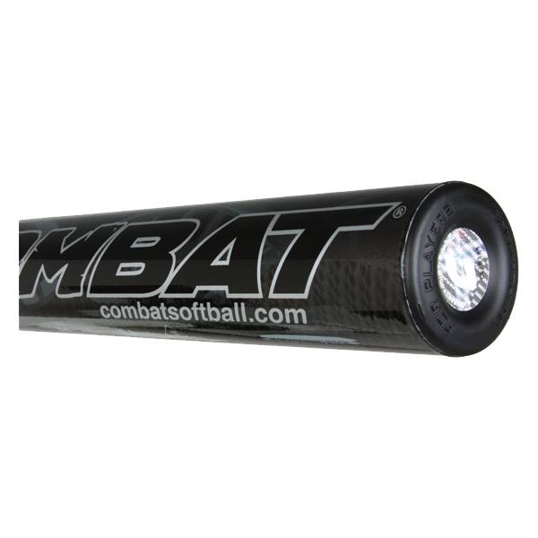 Side view of a black softball bat with MBAT logo and combatsoftball.com text.