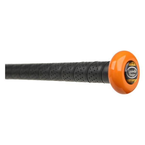 Side view of a black baseball bat with an orange end cap and perforated grip.