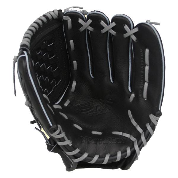 Interior view of a black baseball glove with grey stitching and MATTINGLY embossed on the palm.