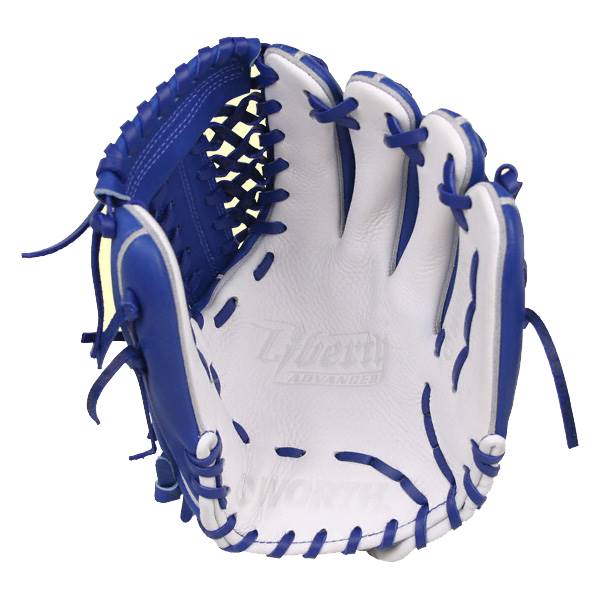 Inside view of a royal blue and white baseball glove with Liberty Advanced and Worth embossed.