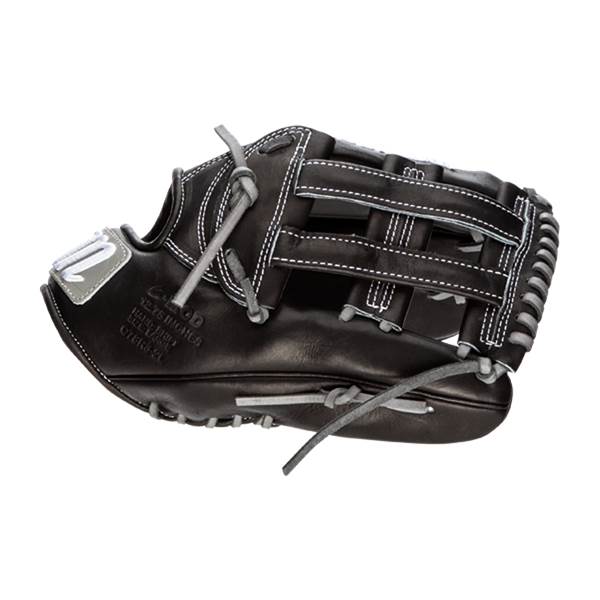 Side view of a black baseball glove with white stitching and C-MOD text.