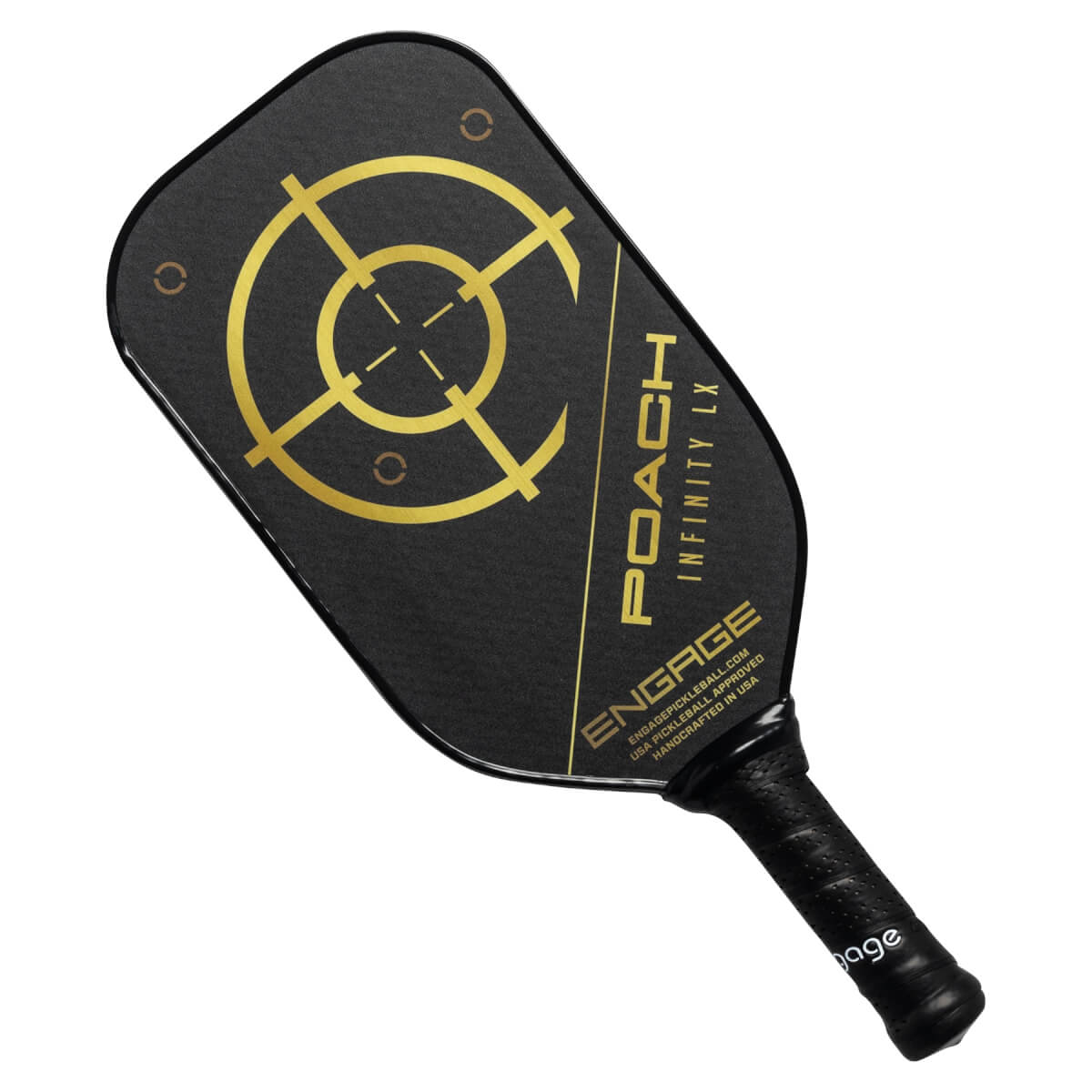 Top-down view of a black pickleball paddle with a gold target, POACH INFINITY LX, and ENGAGE text.